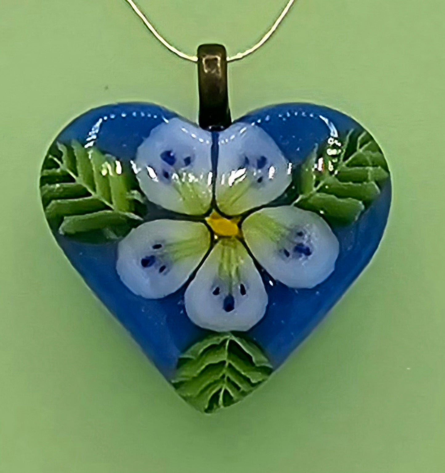 Small Murrini Heart Pendant - blue with white flower