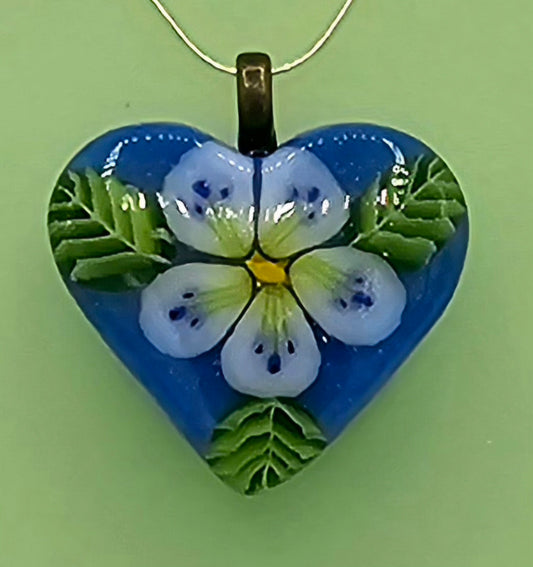 Small Murrini Heart Pendant - blue with white flower